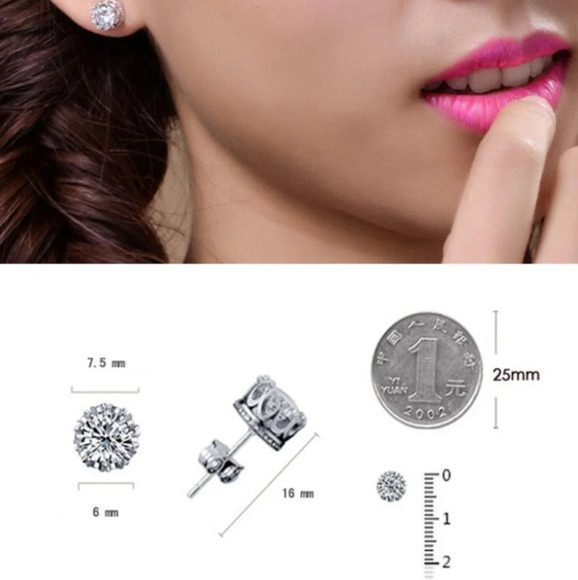 3 ctw 18k White Gold S925 Crown Stud Diamond Simulate Earrings - Picture 12 of 14